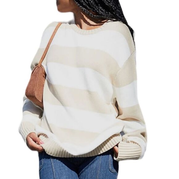 Brandy Melville PacSun Thick Knit Minimalist Neutral Striped Crew Neck S… - Picture 2 of 9